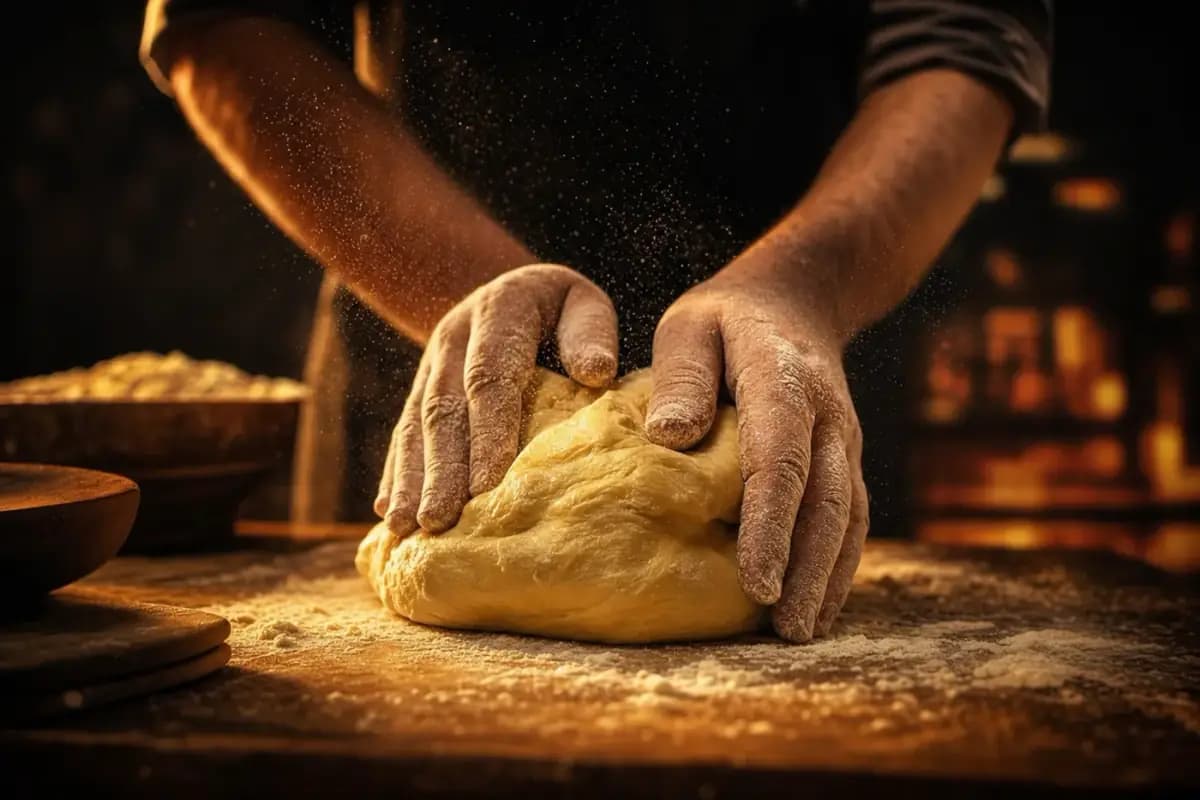 Manos amasando pan artesano en la cocina de Nanis Burger